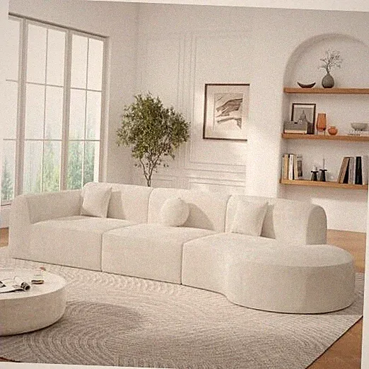 140" Curved Polyester Sectional Sofa Set, Modern Cloud Couch with Chaise Beige