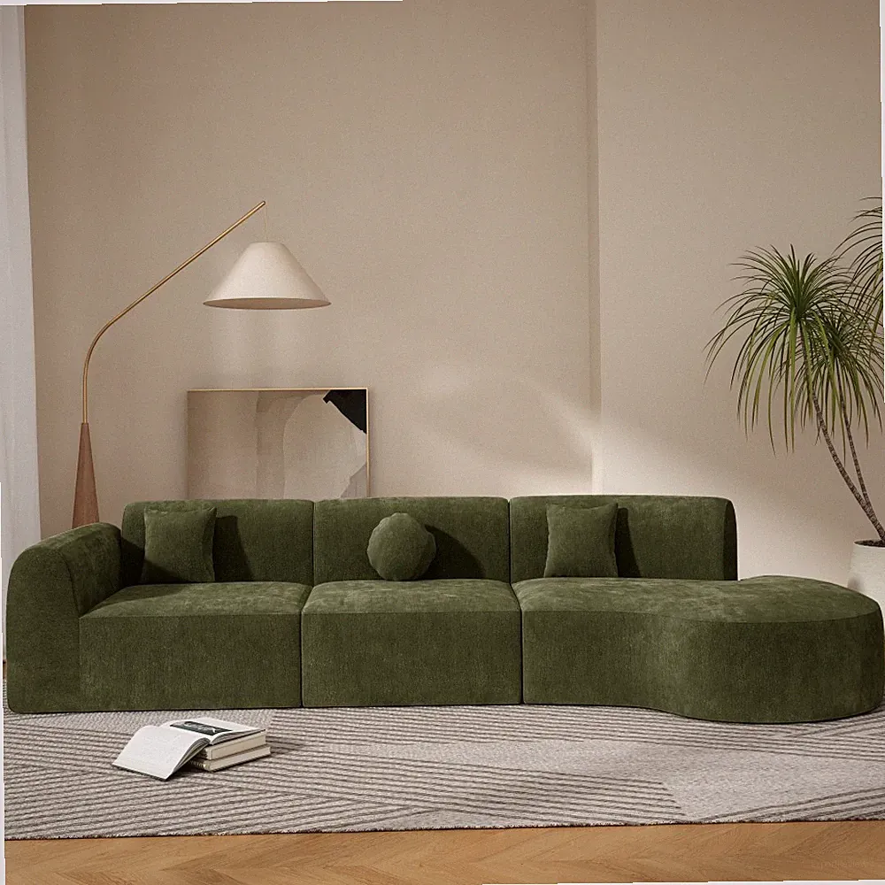140” Curved Sectional Sofa w/ Chaise Fully Assembled, Green Modern L-shape