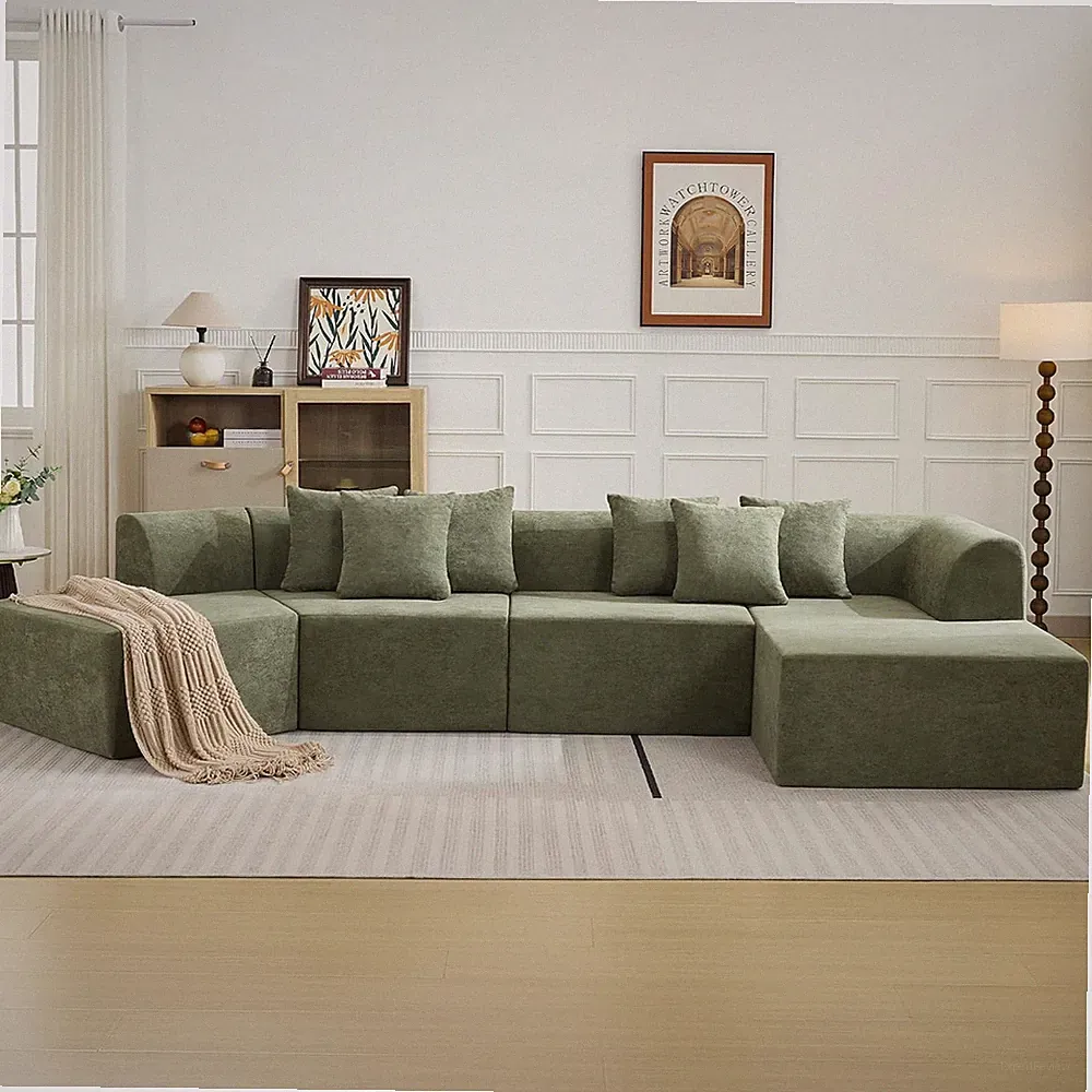 140'' Green Cloud Velvet Curved Sectional Sofa with L-Shape Chaise