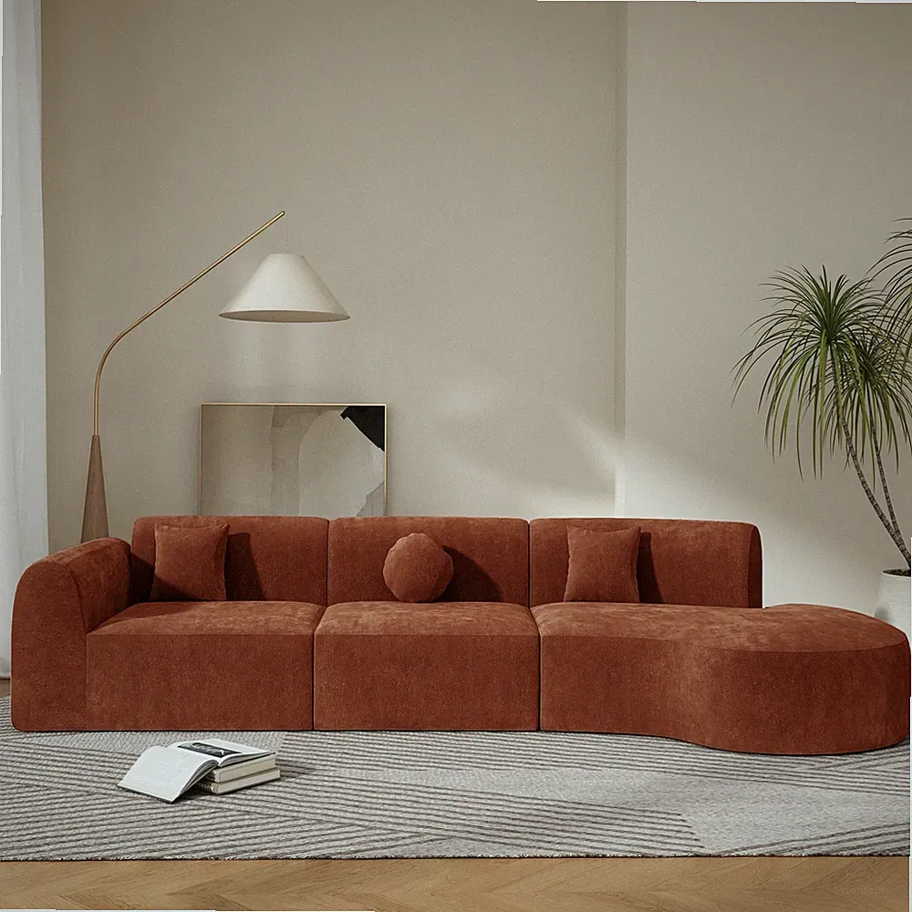 140 Inch Curved Sectional Sofa Modern High-Density Fully Compressed Foam Orange