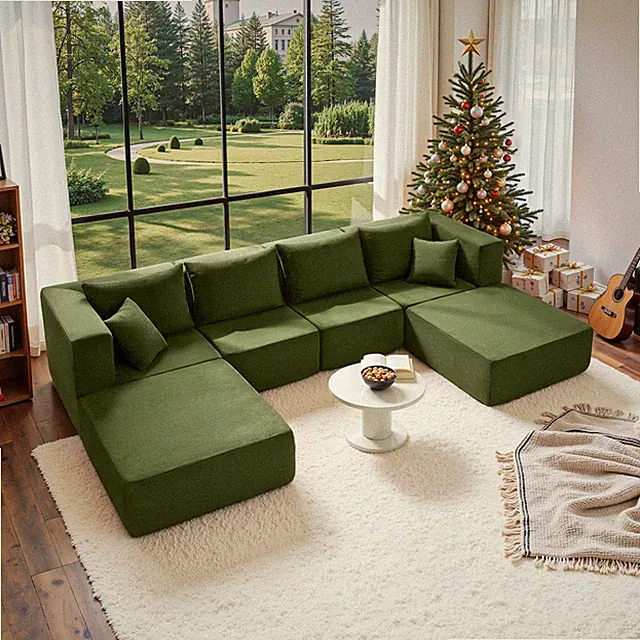 140" Modular Sectional Sofa Bed, U-Shaped Corduroy Fabric, Green