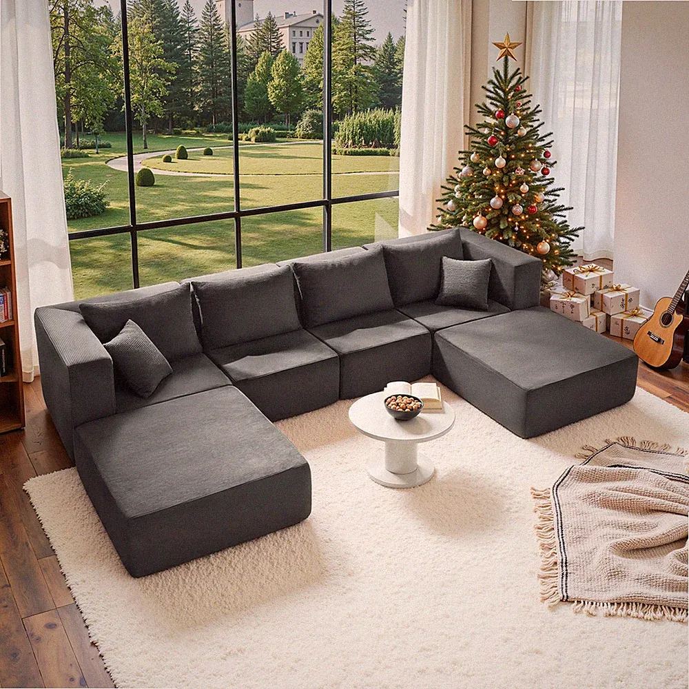 140" Modular Sectional Sofa Bed, U-Shaped Corduroy, Gray