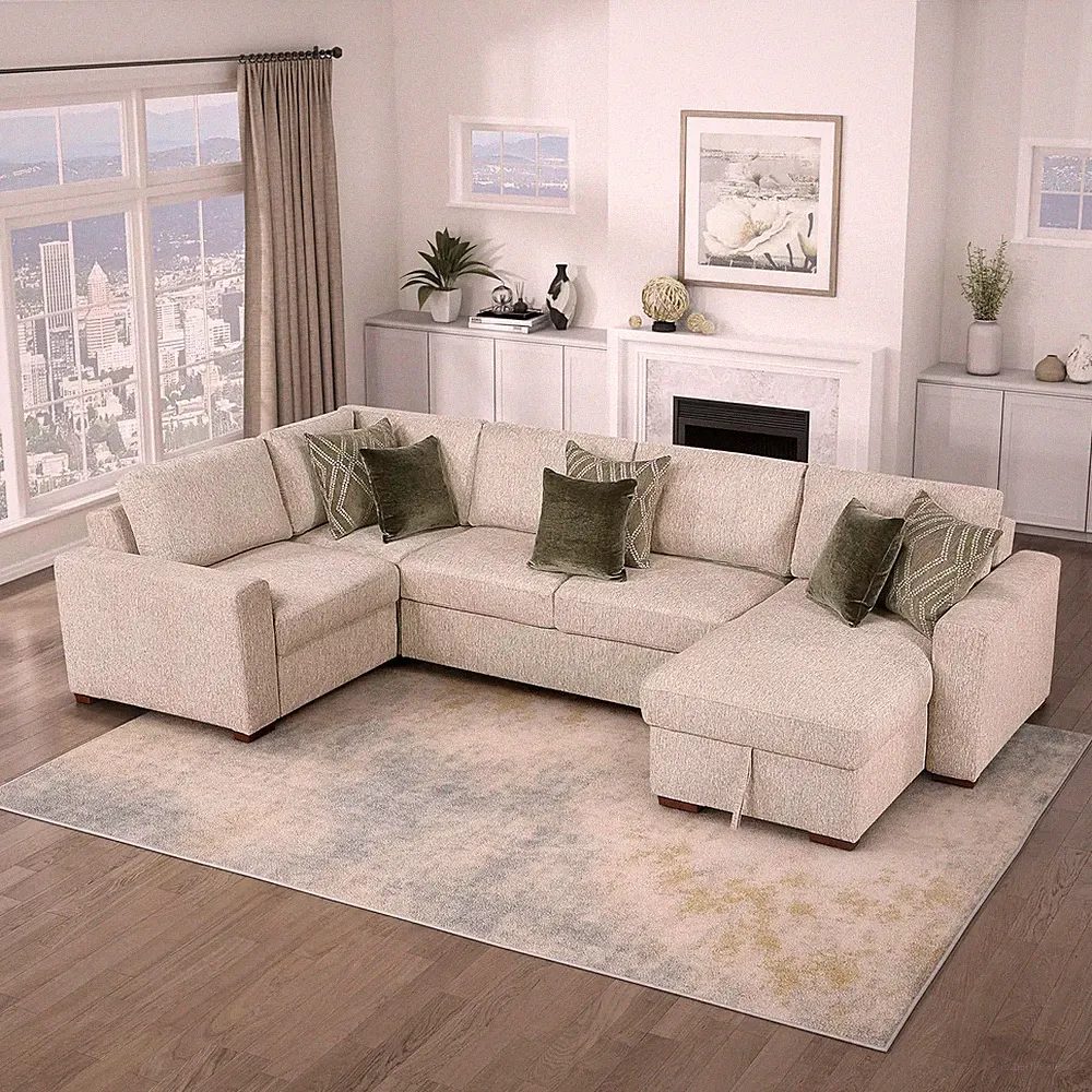 140" Modular U-Shaped Sectional Sofa with Storage & 6 Pillows in Microfiber
