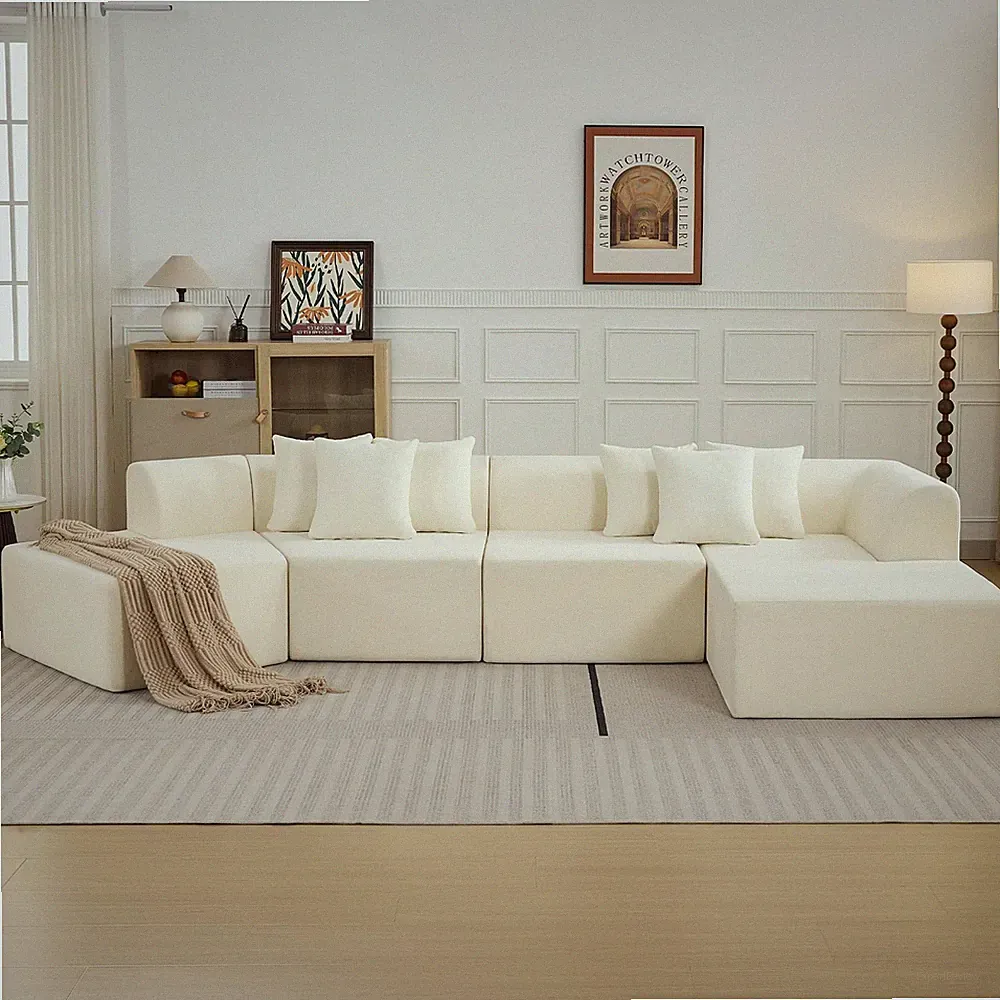 140" Oversized Cloud Velvet Curved Sectional Sofa L-Chaise Memory Foam White