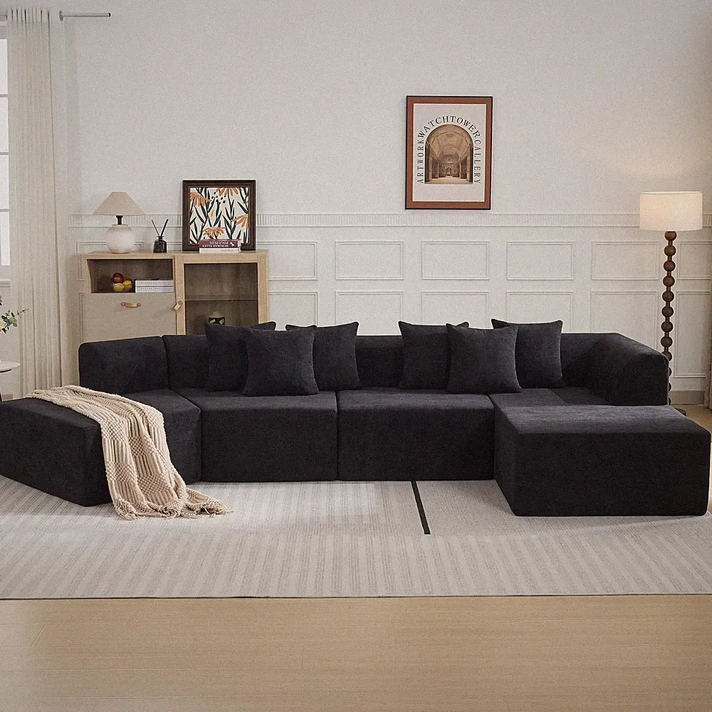 140 Oversized Velvet Curved Sectional Couch L-Shape Chaise Memory Foam Black