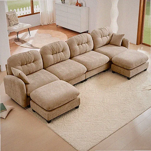140" U-Shaped Chenille Sofa with Ottomans & Pillows - Camel Color