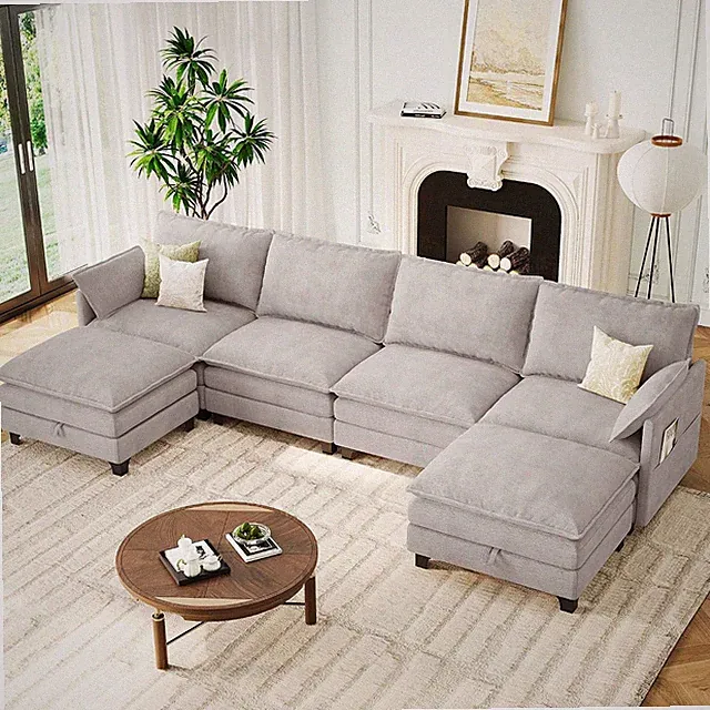 140" U-Shaped Modern Modular Sectional Couch, Chenille Cloud Couches with Storag