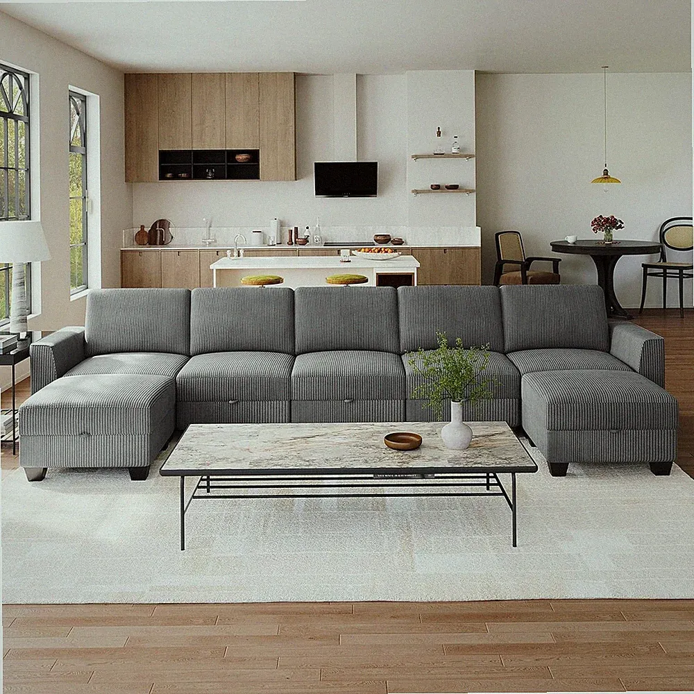 140in Corduroy Sectional Sleeper Sofa 5 Seat w/ 2 Ottomans Armrests U Shape
