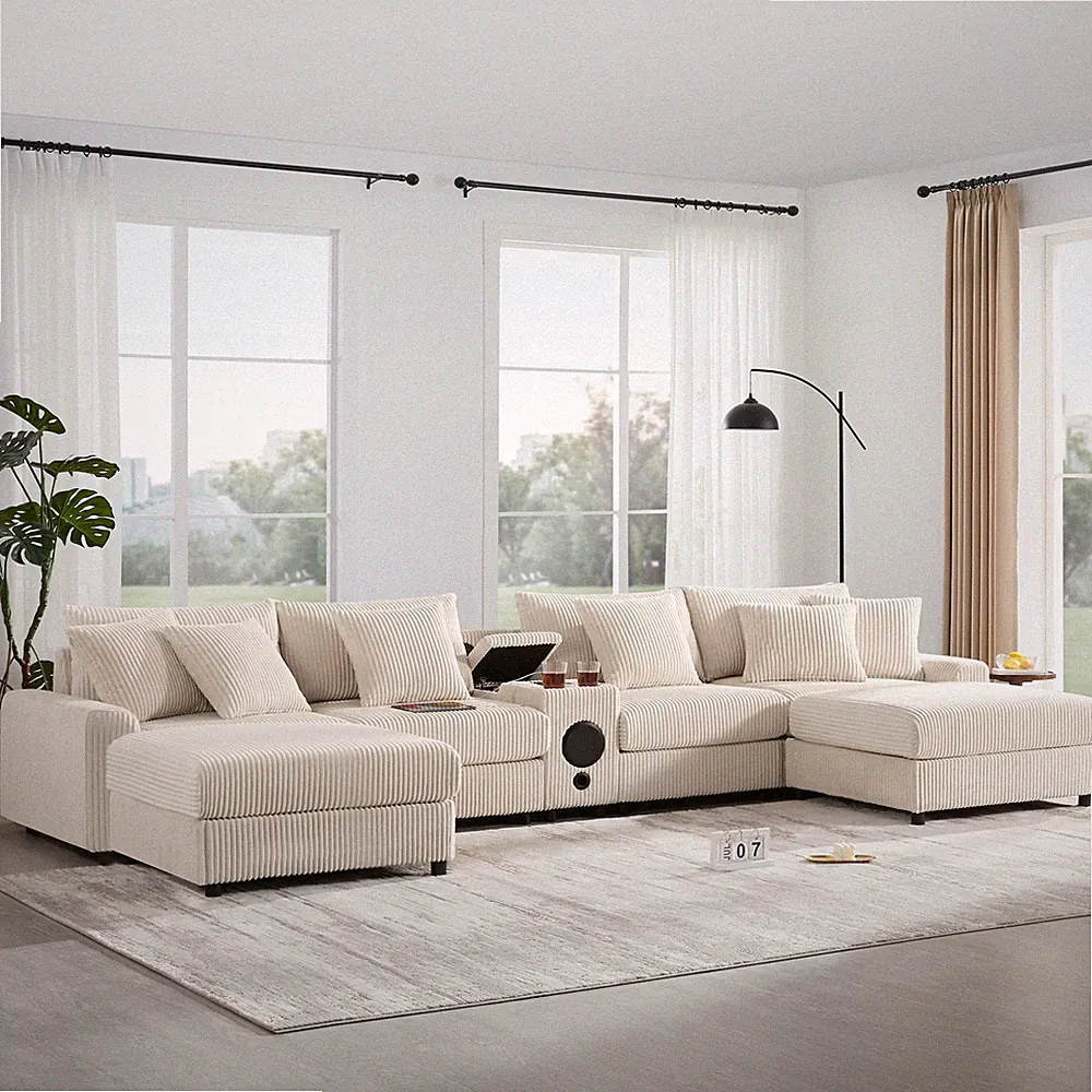 141.5*64'' Corduroy Sectional Sofa with Bluetooth Speakers,U-Shaped Couch with
