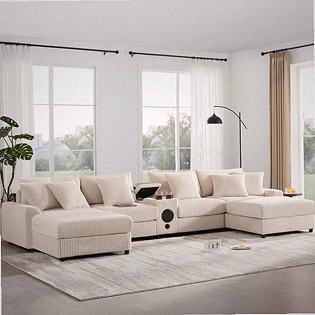141.5*64'' Corduroy Sectional Sofa with Bluetooth Speakers, U-Shaped Couch with