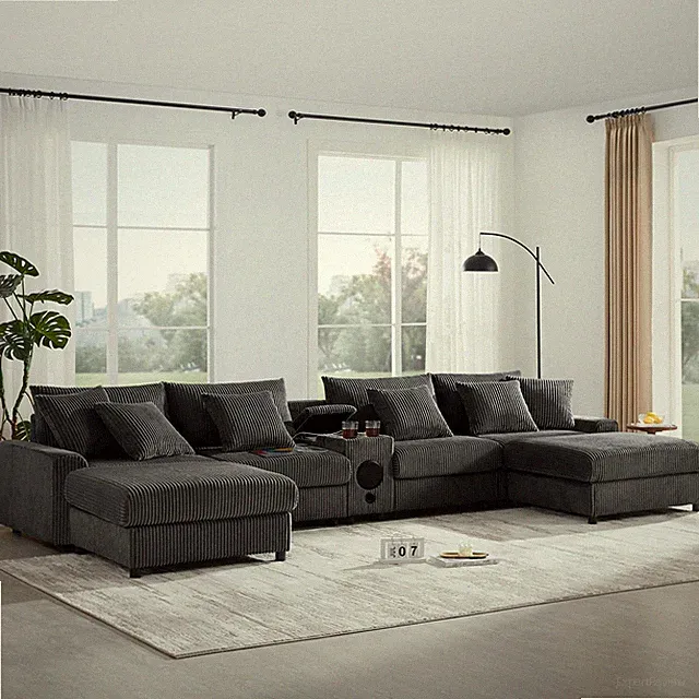 141.5*64'' Corduroy Sectional Sofa with Bluetooth Speakers,U-Shaped Couch with C