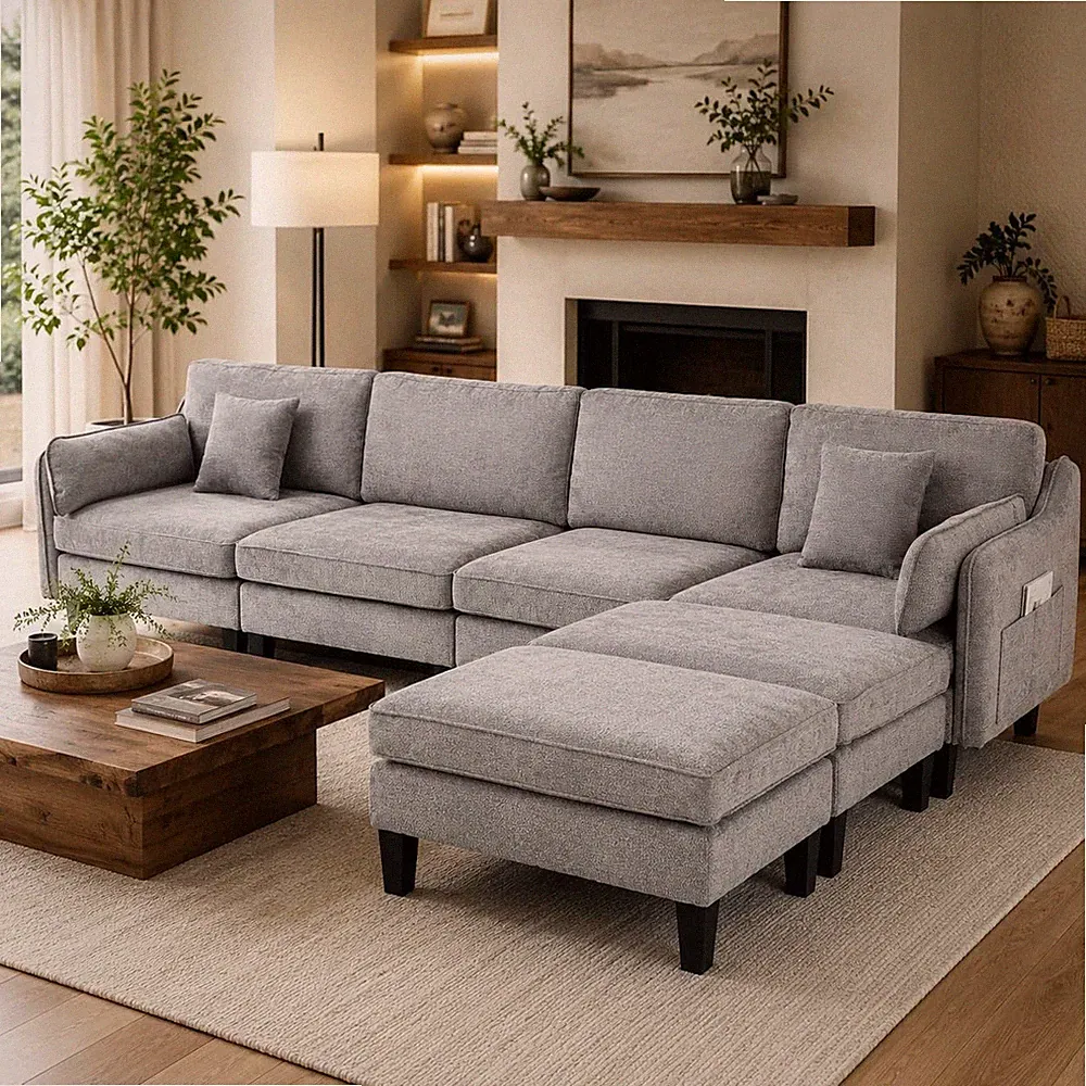 3-4 Seater Modular Sectional Sofa with Movable Ottoman L Shaped Couches Bedroom