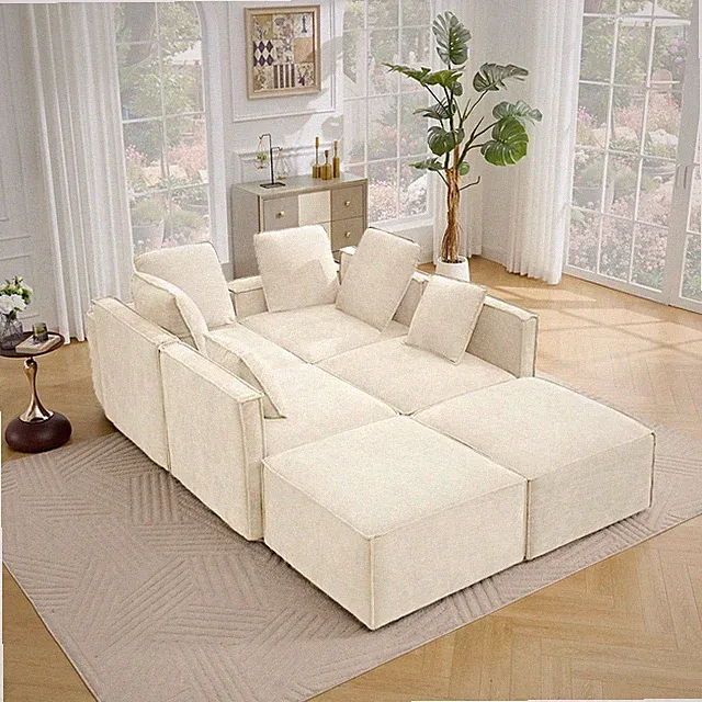 141 Modular Sectional Sofa Chenille Cloud Couch Wide Armrests 6 Pillows Beige