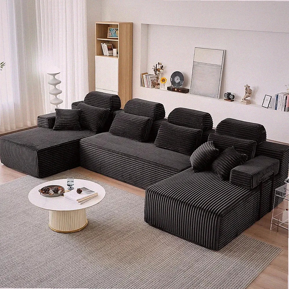 141″ U-Shaped Boneless Couches for Living Room,Corduroy Futon Sofa Bed