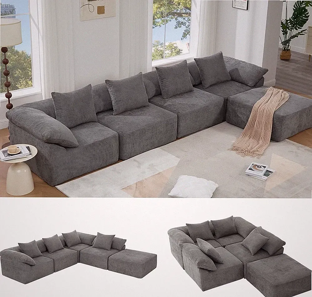 142" L Shaped Modular Sectional Sofa Chenille Convertible Couch with Pillows