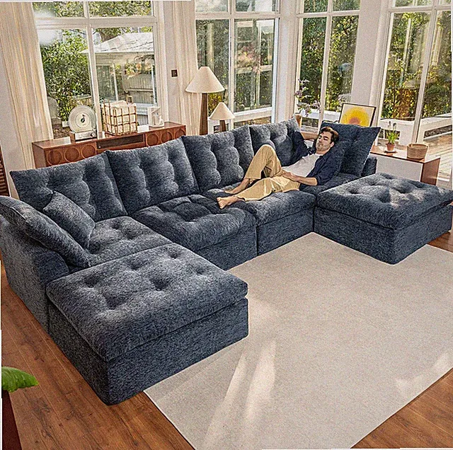 142" Oversized Cloud Sectional Boneless Couch, Modular Chenille U-Shaped Compres