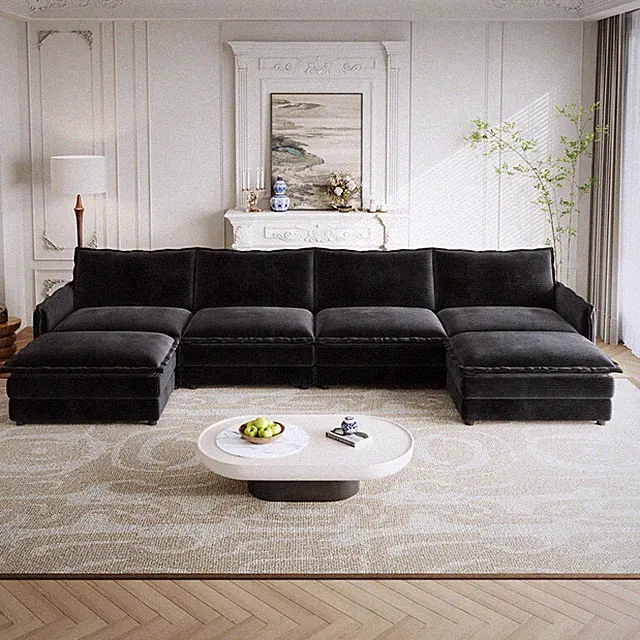 142"Oversized U-Shaped Sectional Comfy Corduroy Upholstered Couch Sofa w/Ottoman