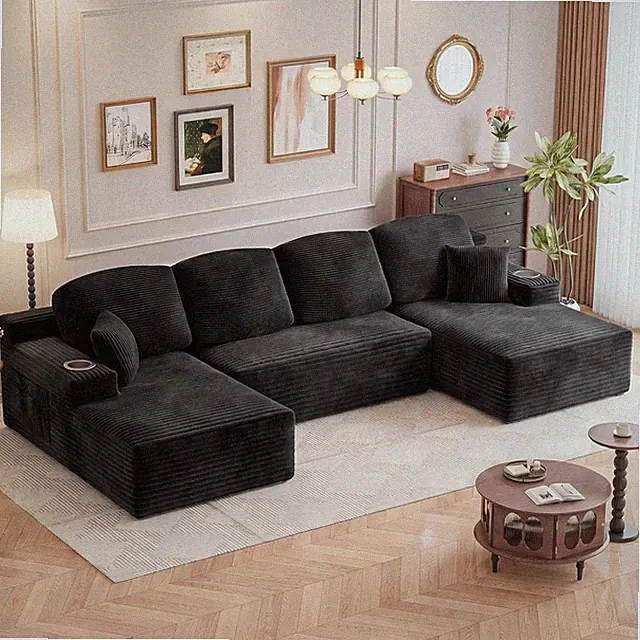 142" U-Shaped Modular Sofa - No Assembly, Memory Foam, Black Corduroy