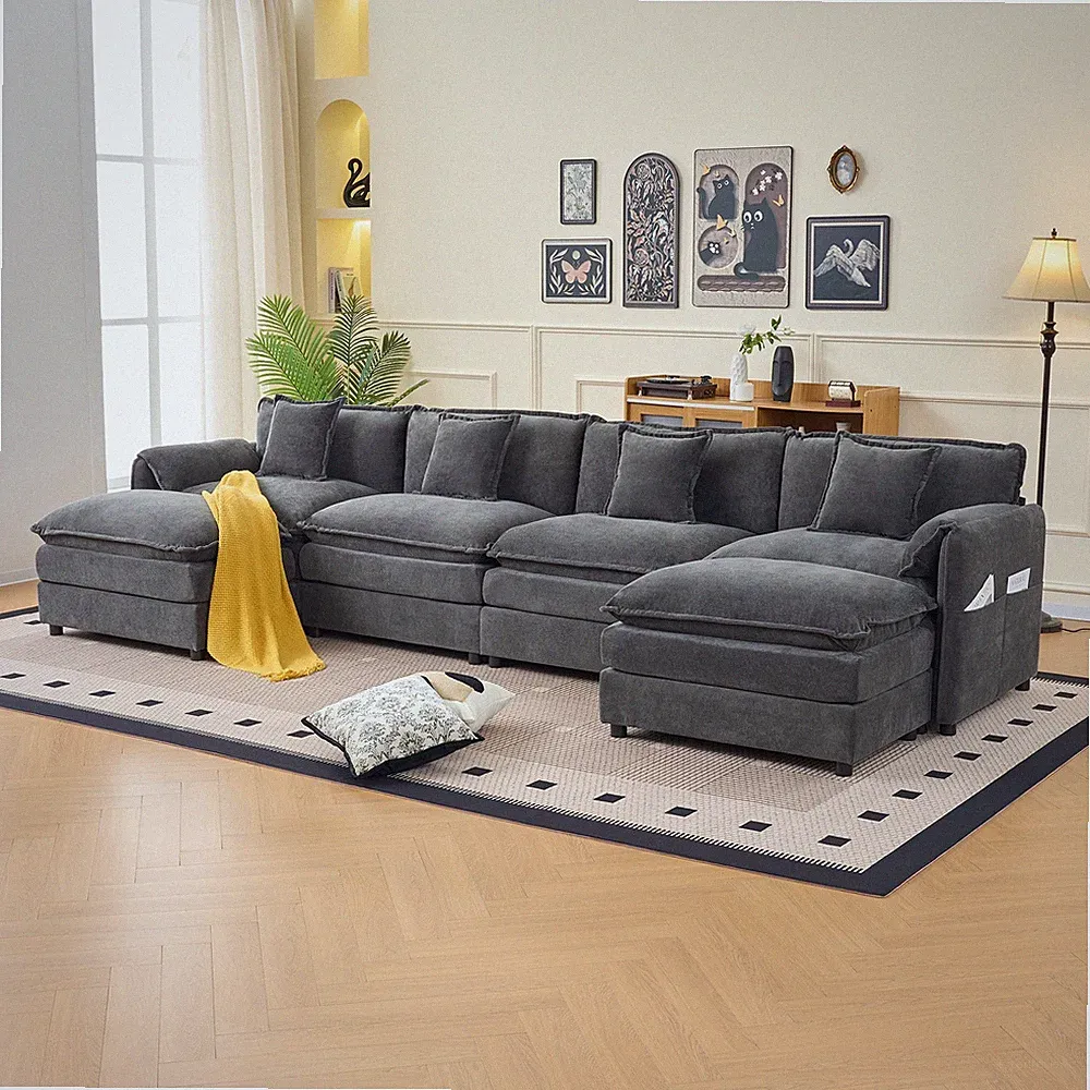 143" U Shaped Modular Sectional Sofa 4-Seater Cloud Couch with 2 Ottomans, Gray
