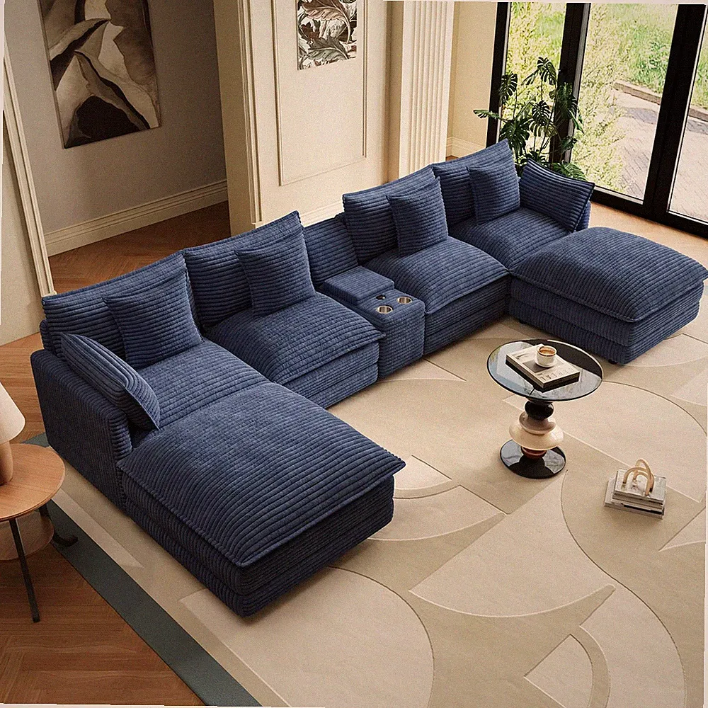 143" U-Shaped Modular Sectional Sofa, 6-Seat Corduroy Cloud Couch, Blue