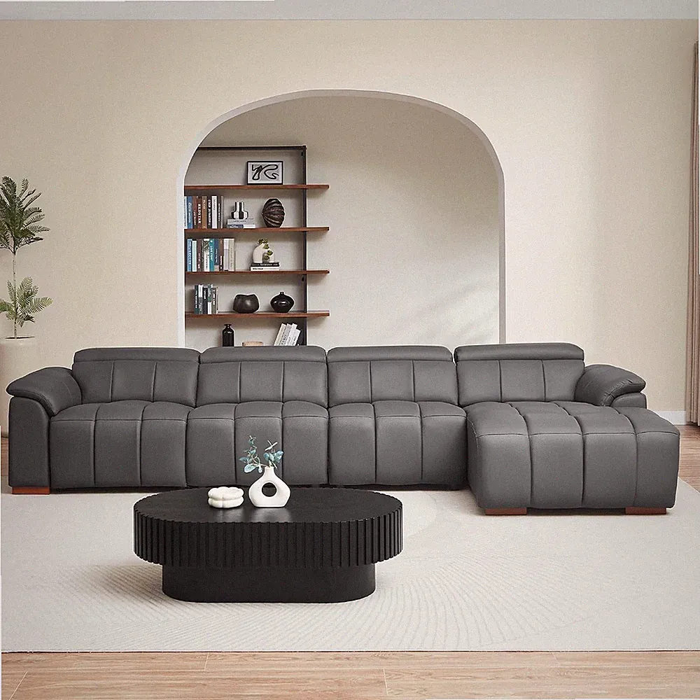 144.88" Genuine Leather Sectional Couch with USB Port Adjustable Headrest, Modul