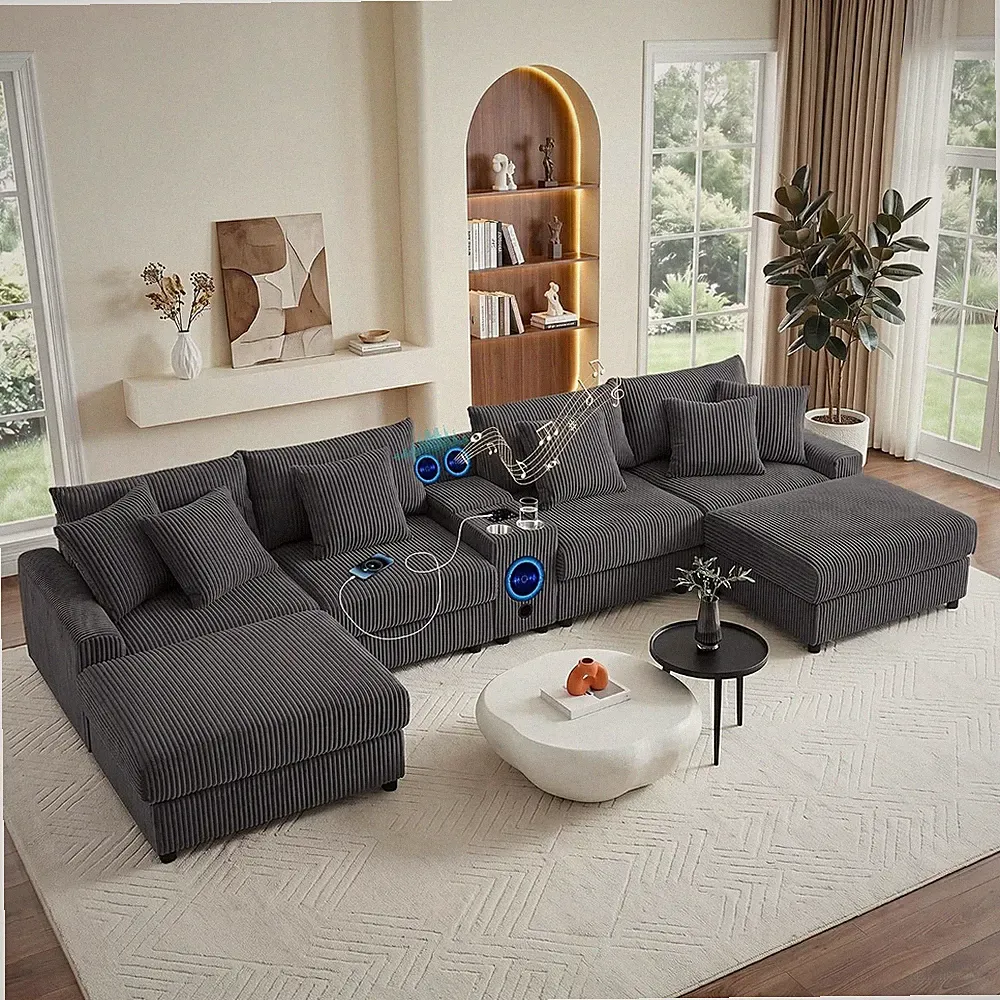 144" Corduroy Sectional Modular Couch with Speakers