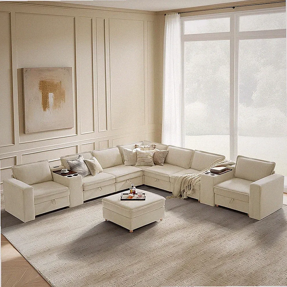 144'' Modular Sectional Sofa with Central Console, USB Ports & Cup Holders, 7 Se