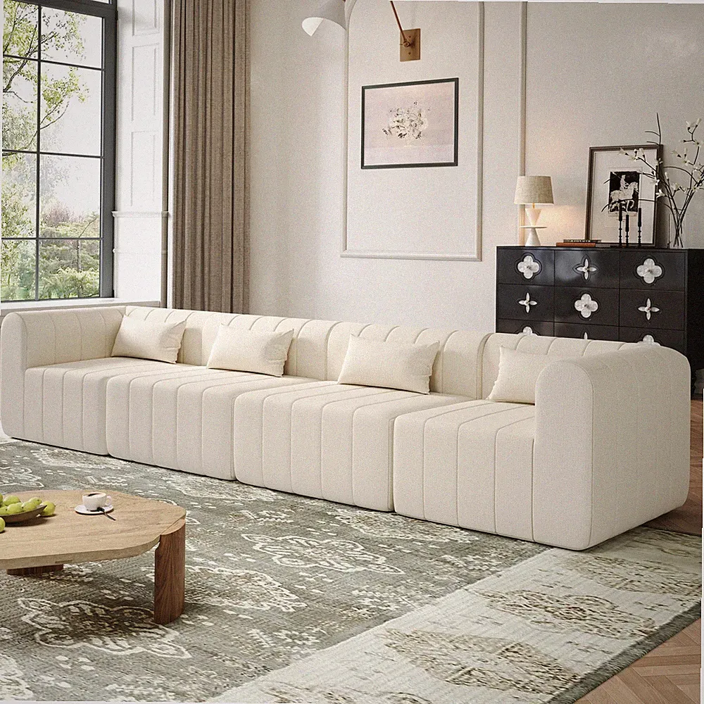 145.5 Inch Modular Full-Compressed Sectional Sofa, Beige Polyester Upholstered