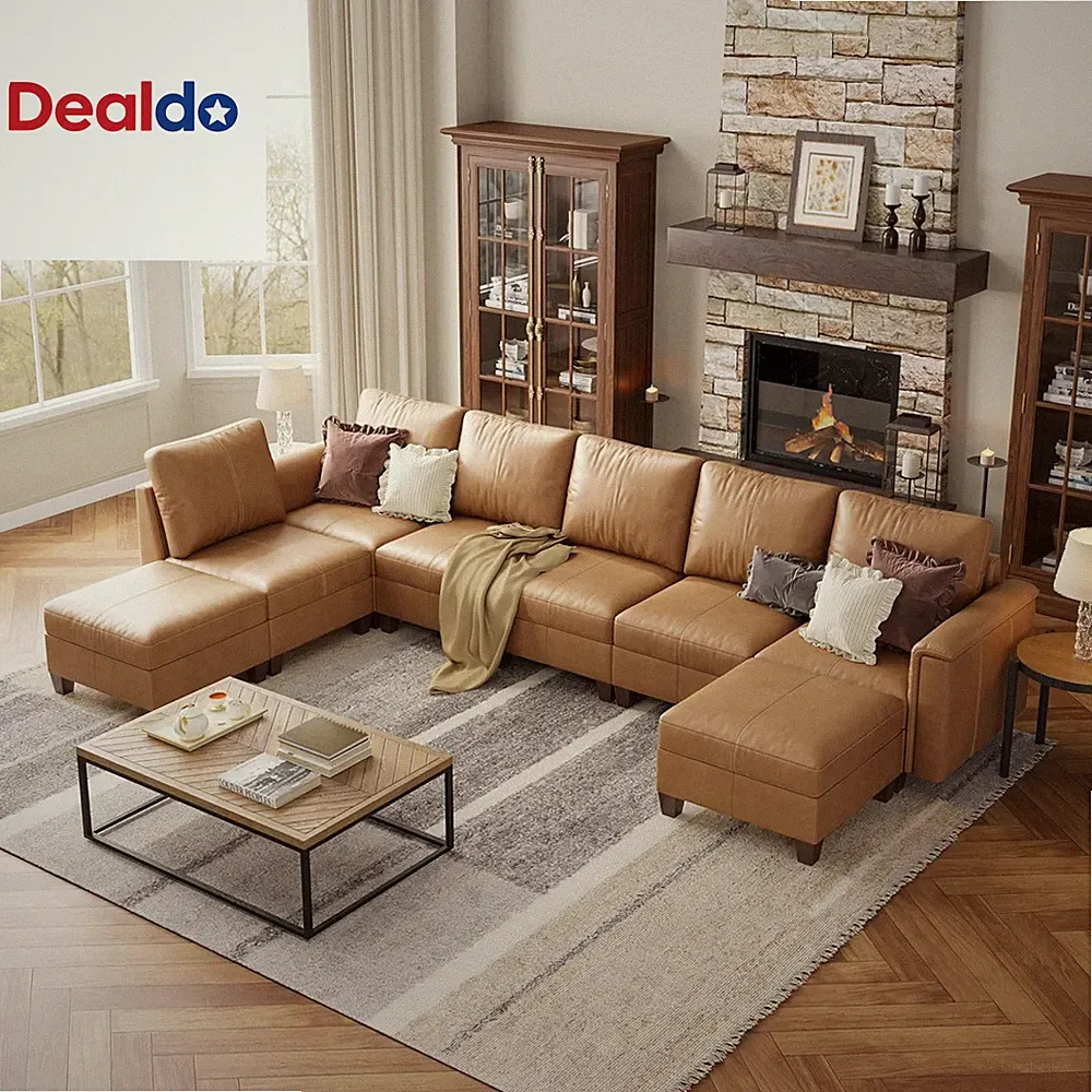 145" Faux Leather Modular Sectional Sofa with Storage, Mid Century Modern Sectio