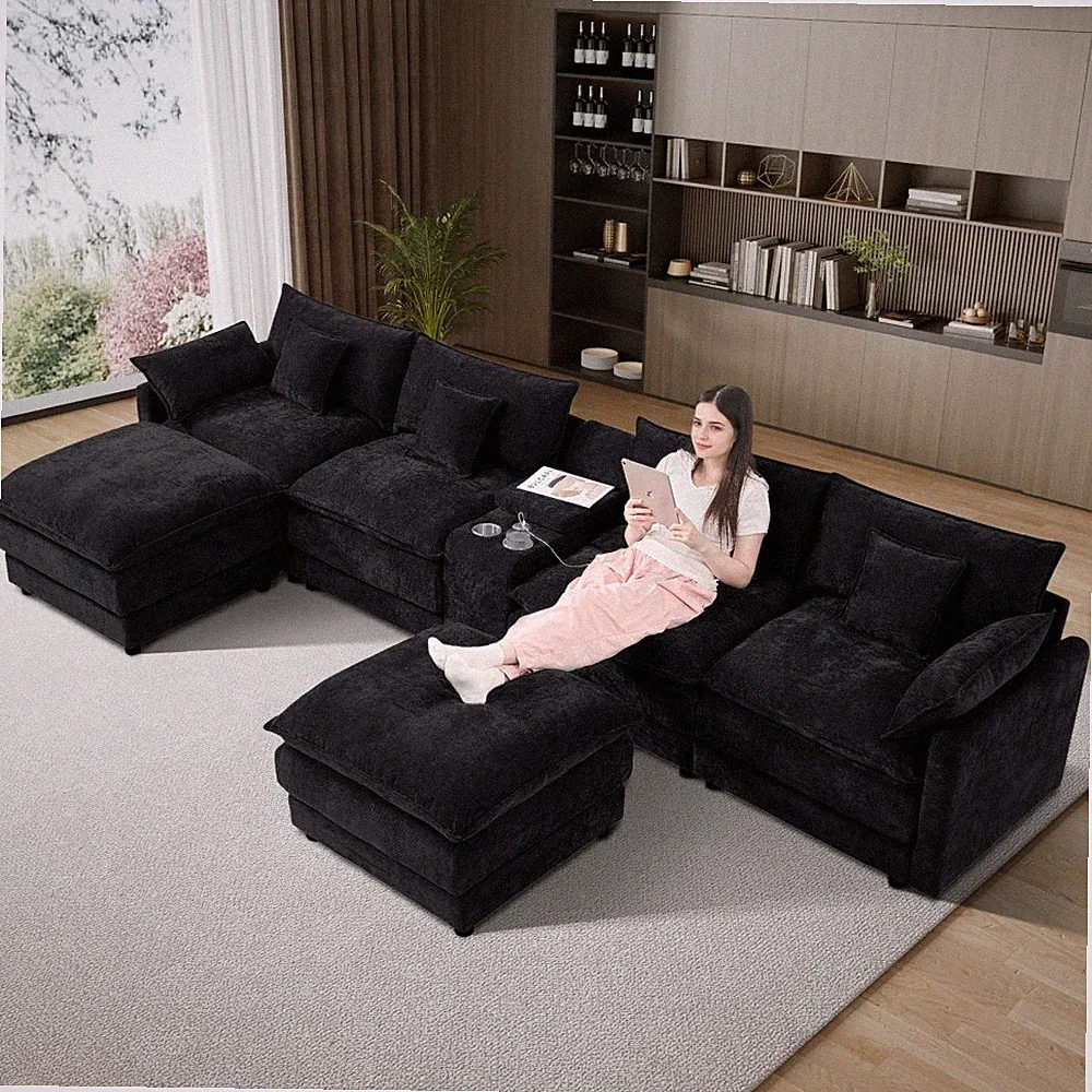 145" Large 6 Seat U Shaped Oversized Modular Sectional Sofa Couch with USB Port