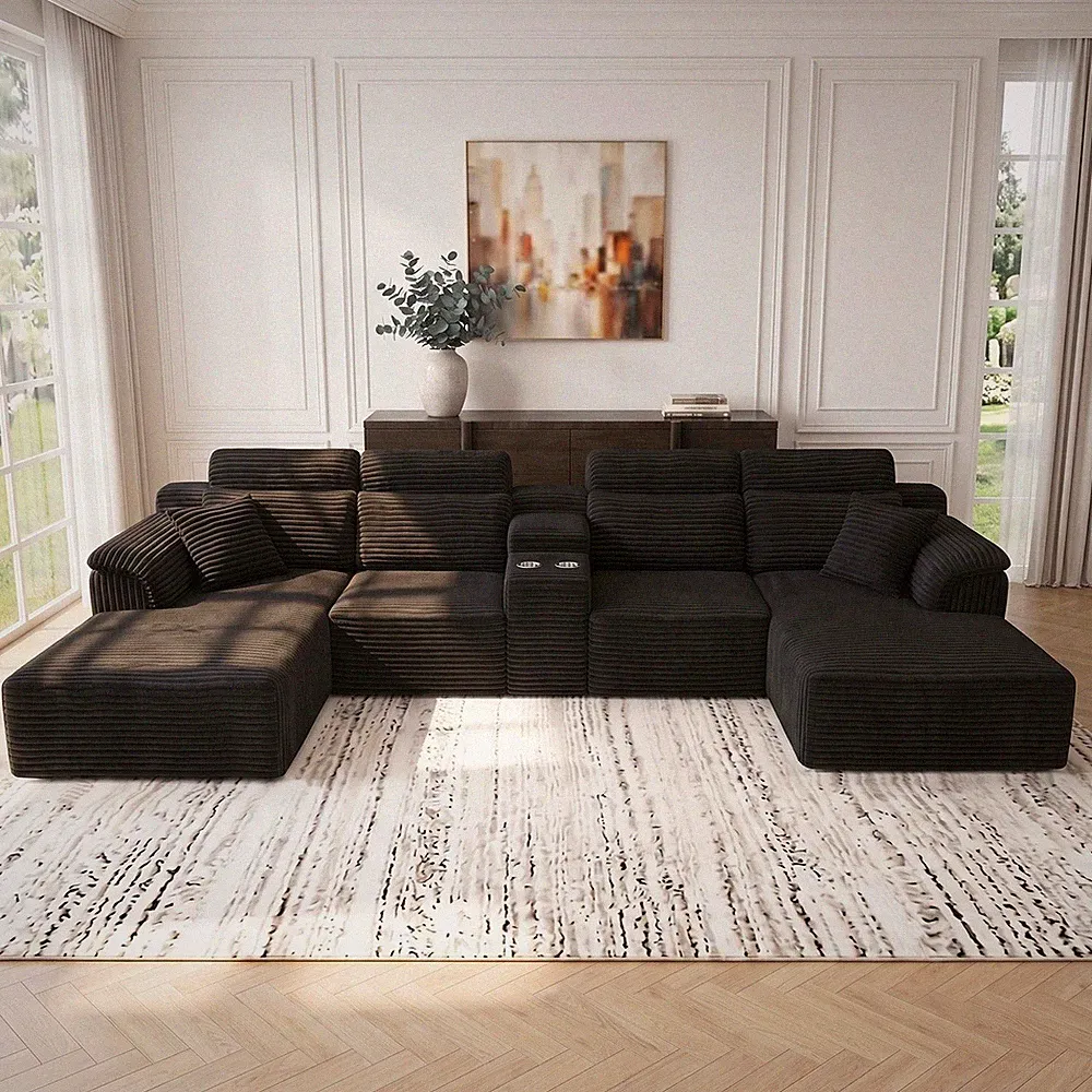 145" U Shaped Cloud Modular Sectional Couch Boneless Couch W/Cup Holders USStock