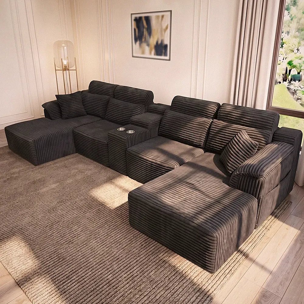 145" U Shaped Cloud Modular Sectional Couch Boneless Couch W/Cup Holders USStock