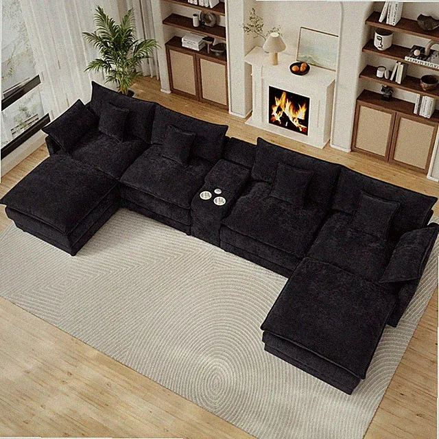 145" U Shaped Sectional Sofa Chenille Cloud Modular Couch Set W/ Central Console
