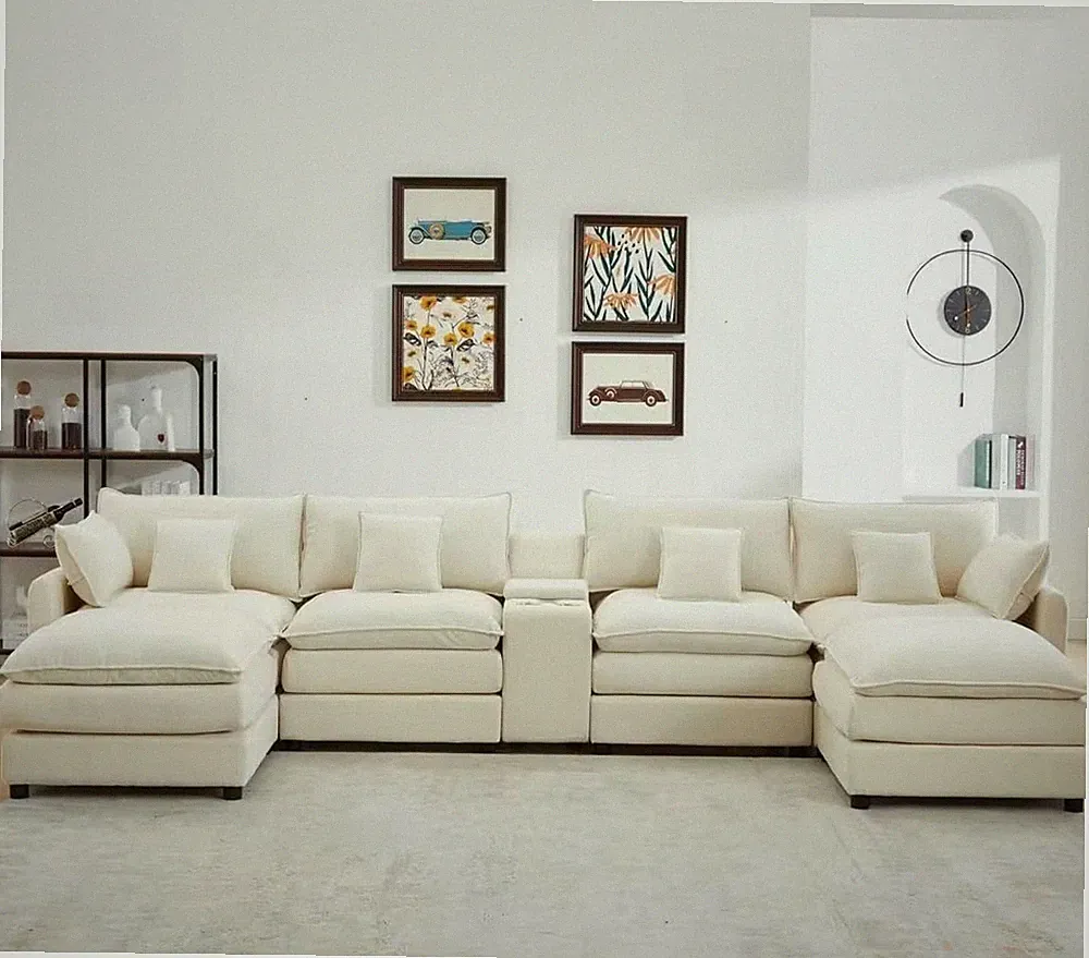 145" U Shaped Sectional Sofa Cloud Couch W/ Console USB Charging Port Cup Holder
