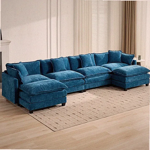 146.5" Blue Chenille 4 Seater Sofa with 2 Ottomans, Modular U Shaped Couch