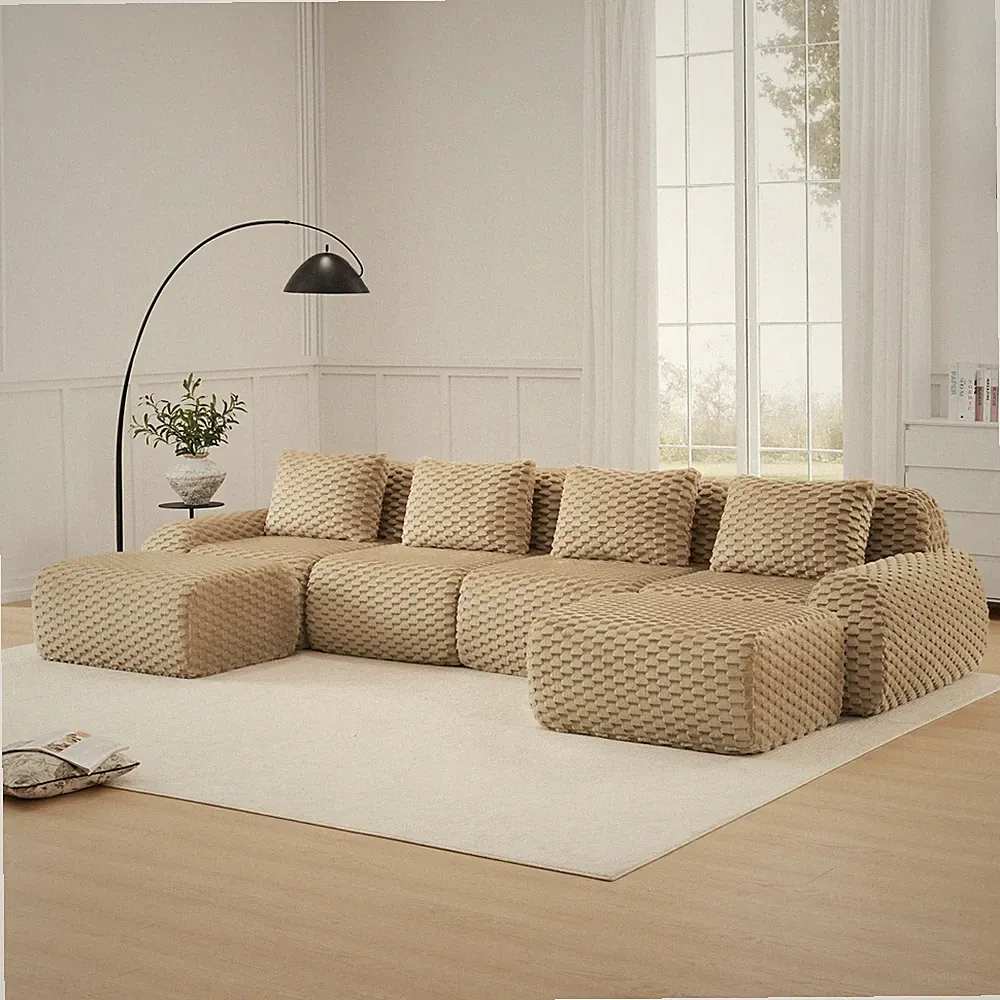 146" U-Shaped Modular Sectional Sofa, Flannelette Fabric, Light Camel, 4-Seater