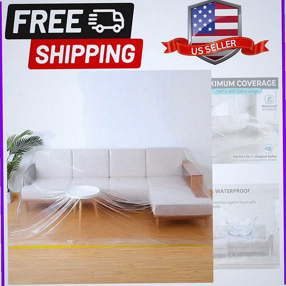 146in Plastic L-Shape Sectional Couch Cover Moving & Storage Bag | Clear Extr...