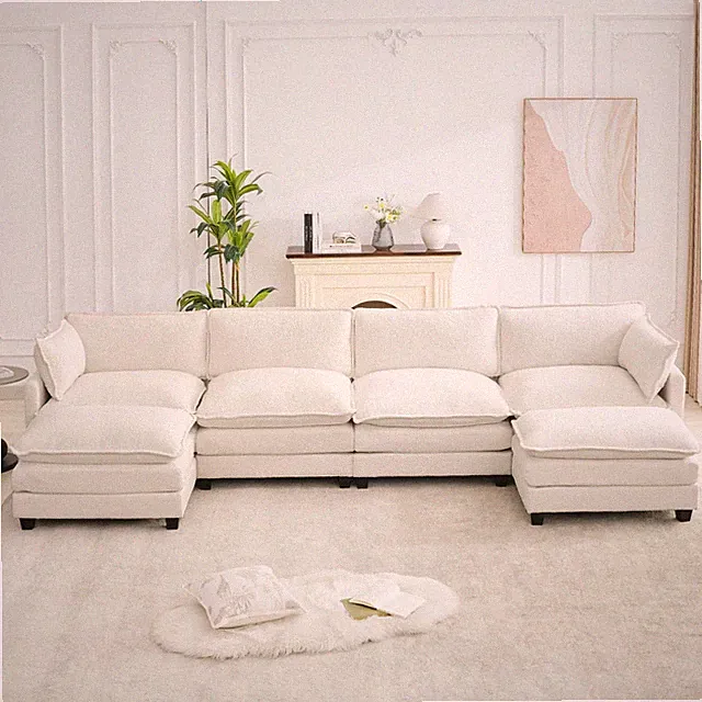 148" Beige Chenille Cloud Modular U-Shaped 4-Seat Sectional Sofa with 2 Ottomans