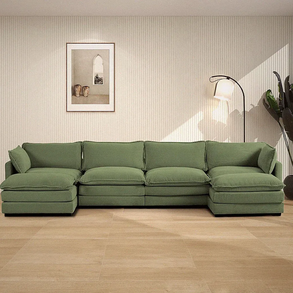 148" Sectional Cloud Couch 2 Ottomans Sleeper Sofa Convertible U Shape Green