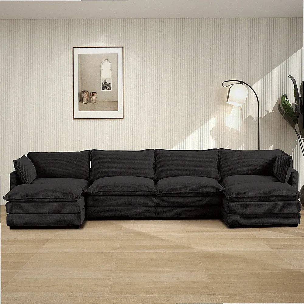 148" Sectional Cloud Couch w/2 Ottomans Oversized Sleeper Sofa U-Shape Black