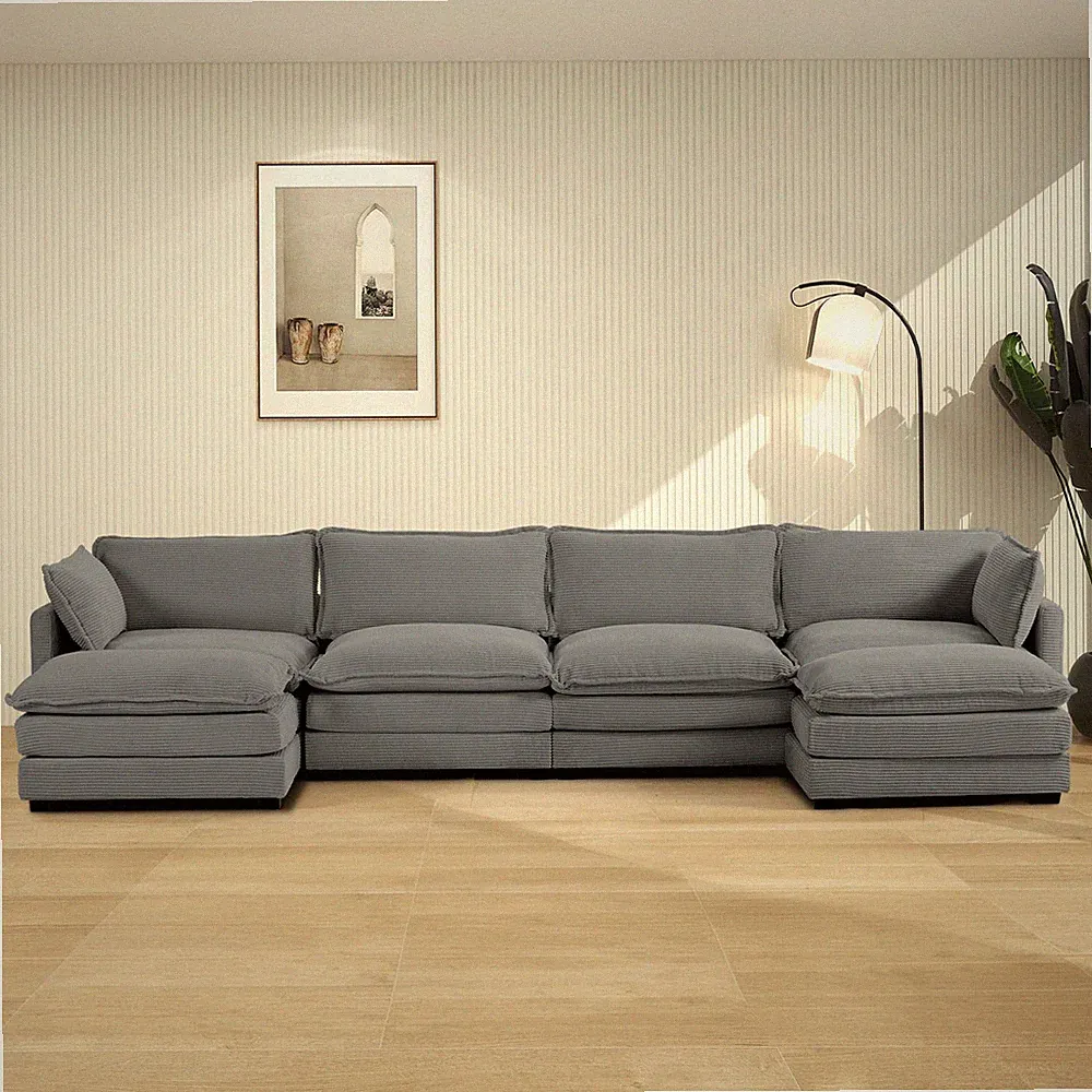 148" Sectional Cloud Sleeper Sofa U Shaped 4 Seat with Ottomans Pillows y
