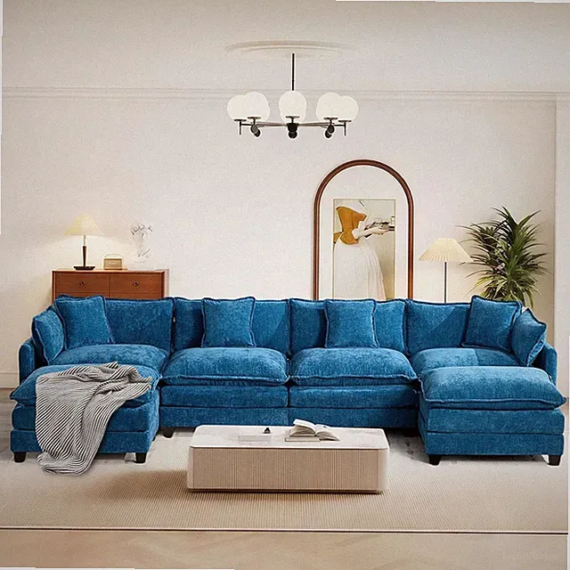 149.61" Chenille U Shaped Modular Sofa with Ottoman,Blue