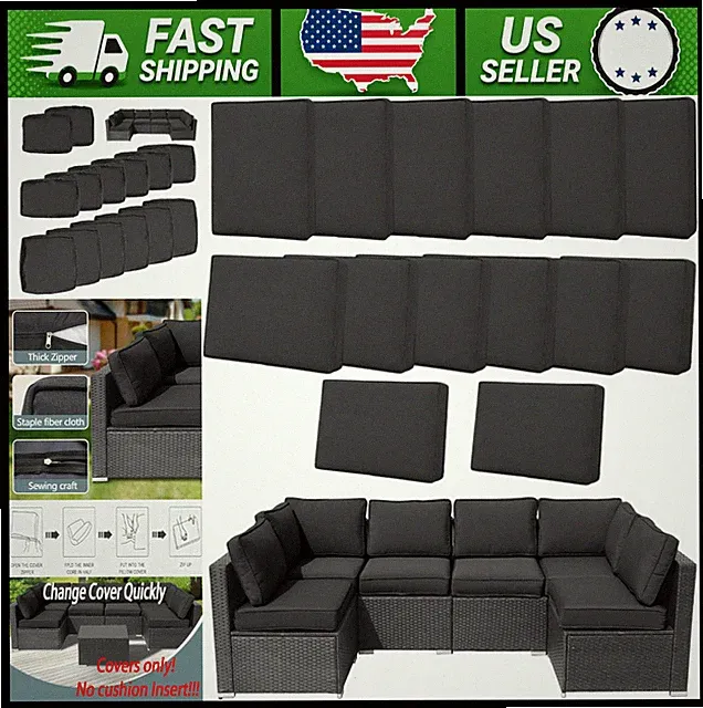 14pc Outdoor Patio Sofa Cushion Covers, Waterproof UV Resistant, Zippered Black