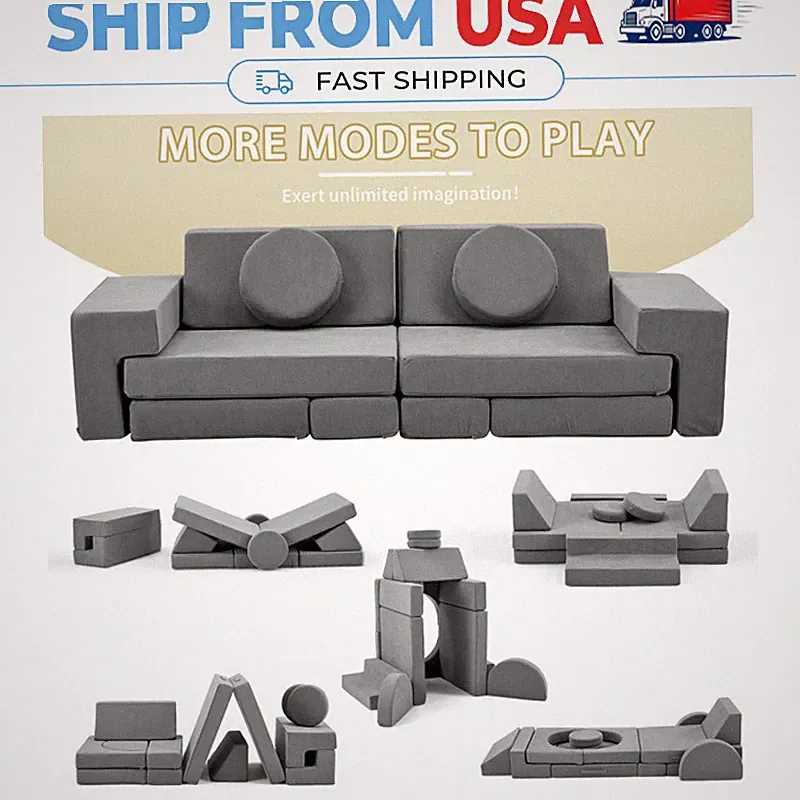 14pcs Gray Kids Play Couch Modular Convertible Fort Corduroy Foam Sofa Playroom