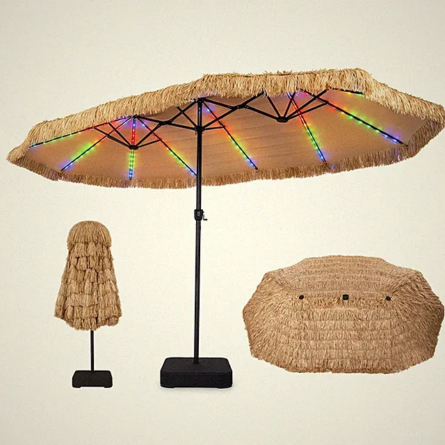 15 x 9 FT Solar Double-sided Patio Umbrella, Oversize Outdoor Thatched Parasol