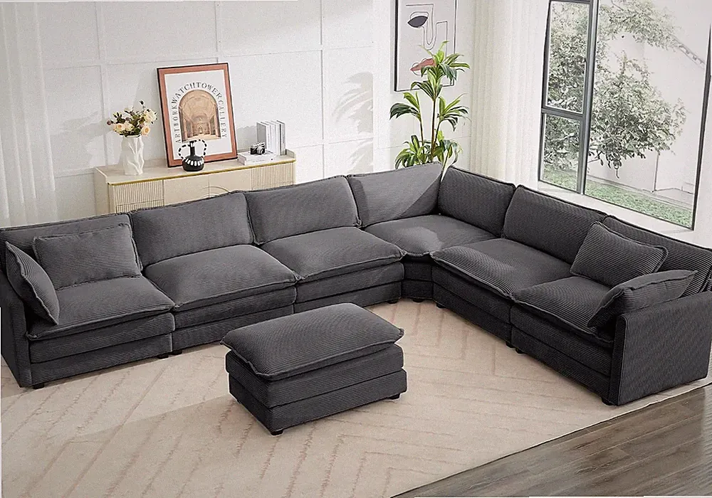 150'' Modular Sectional Corner Cloud Couch, 7 Seater Sofa Big Comfy Corduroy V S