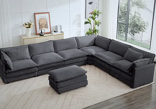 150" Modular Sectional Corner Couch 7 Seater Corduroy V Dark Grey