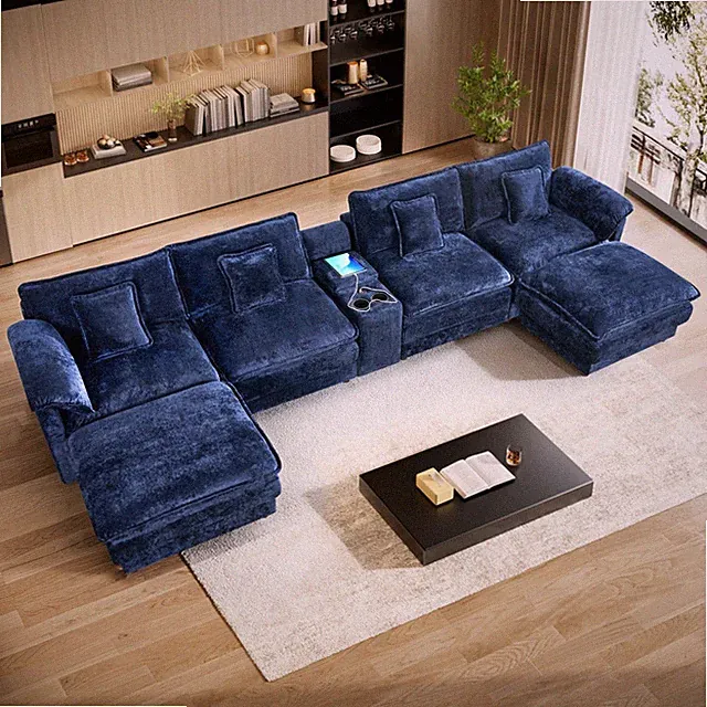 151" 6 Seat Sectional Cloud Sofa Couch with 2 Ottomans &Central Console USB Port