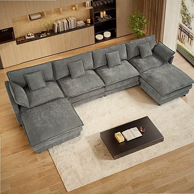151" U-Shaped Modular Sectional Sofa, 6-Seat Cloud Couch, Grey