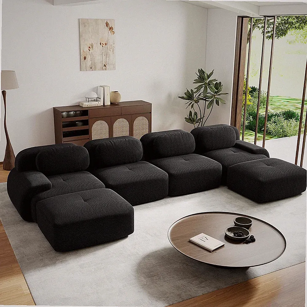 152.7” U Shaped Boneless Couch with Ottoman, Corduroy Modular Sectional Sofa, Co